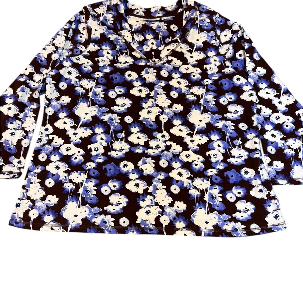 D & Co Women’s Brown Blue Floral Lounge Set Top & Pants Size 1X Two Piece